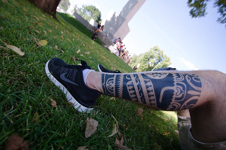 tetovējums, kāja, melna, vīrietis, Nike, zāle, daba