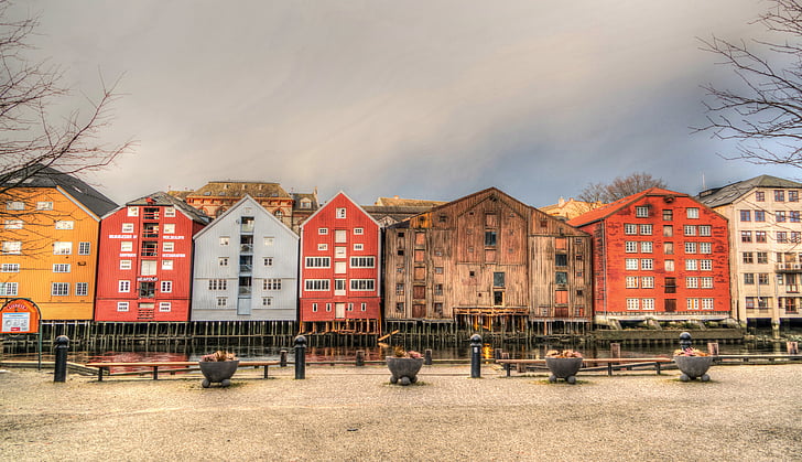 Norja, Trondheim, vanha kaupunki, Sunrise, vesi, Scandinavia, arkkitehtuuri