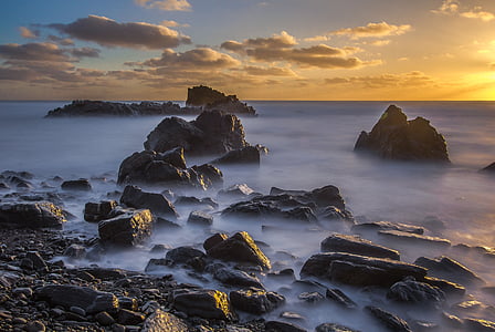 Skjær, solnedgang, hav, Wales