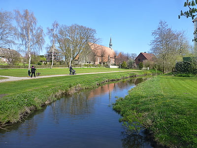 gelting, citizens park, fish, water, meadow, church, way