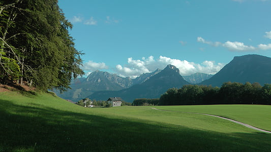 alpine landscape, meadow, mountains, light, shadow, mountain, grass