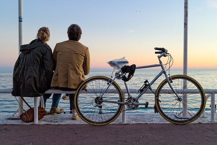 france, nice, provence, bicycle, lovers, sunset, sea