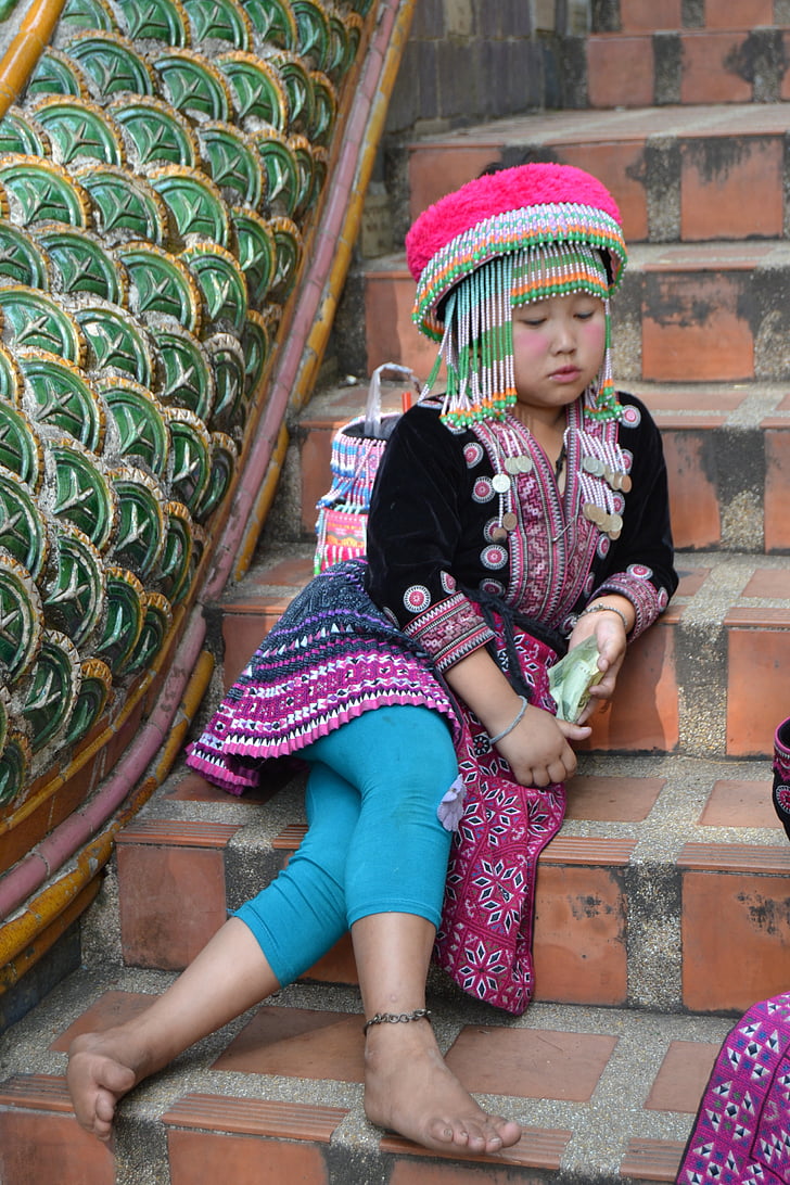 Pige, Trist, Hmong, piger stamme hmong, sidder, Thailand, farve