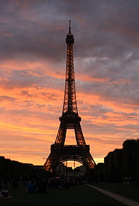 Eiffelova věž, Paříž, Památník, Západ slunce, obloha, barevné, mraky