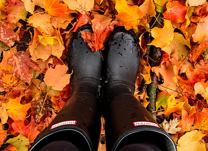 pair, black, rubber, rain, boots, yellow, red