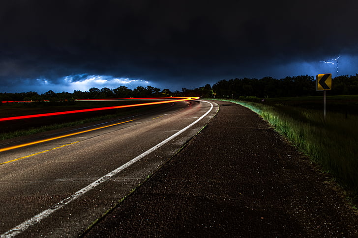 asphalt, cloudy, highway, light streaks, long-exposure, night, road