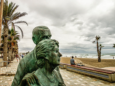 estátuas, Alicante, Mar Mediterrâneo, nublado, Relaxe, paisagens, Praia de San juan