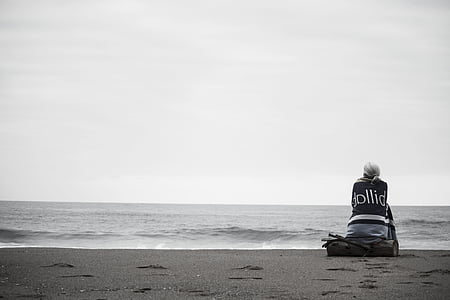 photo, girl, sitting, seashore, beach, ocean, sea
