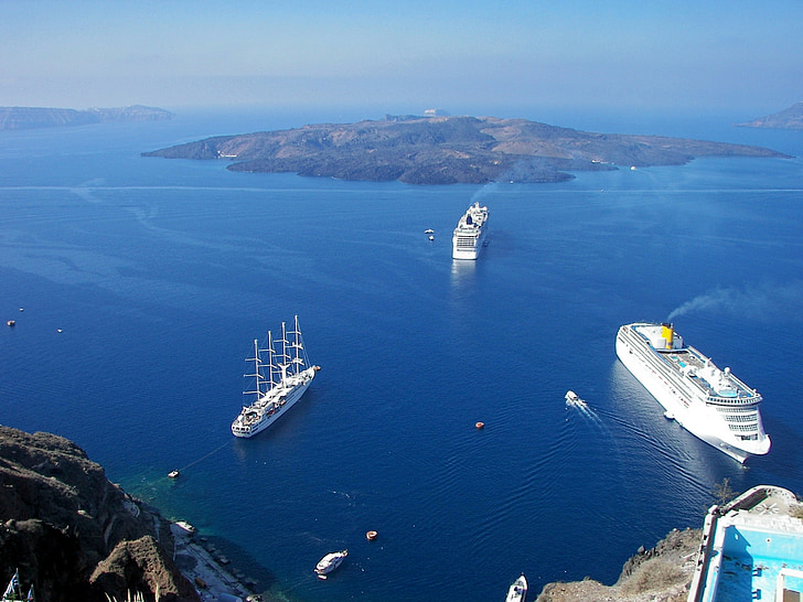 cruise ships, greece, cyclades, santorini, aegean sea, view, blue