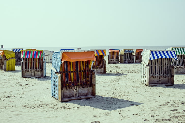 плаж, пясък, колиби, лято, море, брегова линия, ваканции