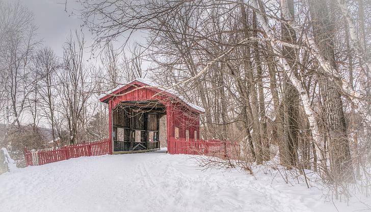 puente cubierto, invierno, Vermont, nieve, naturaleza, Blanco, paisaje