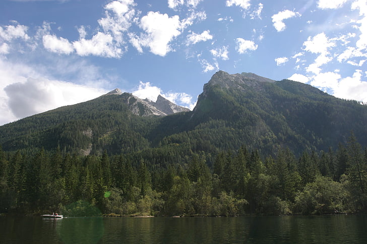 mountains, lake, alpine, landscape, boot, clouds, ship