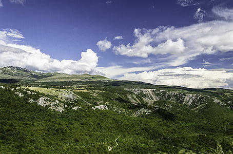highlands, view, panorama, mountains, landscape, rocks, vegetation