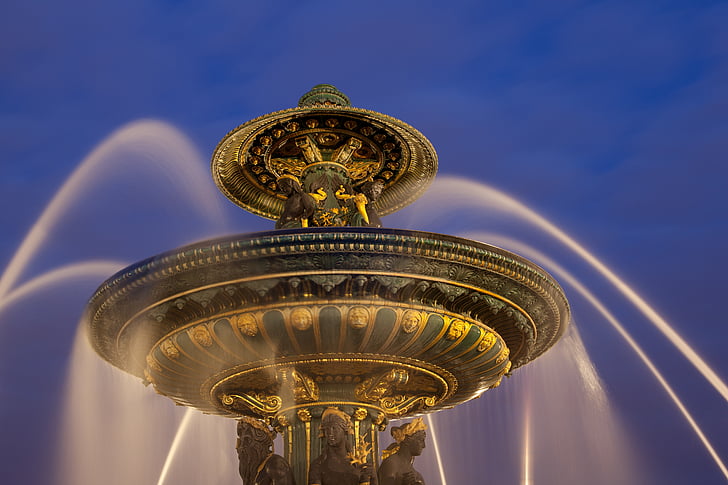 fountain, place, concord, paris, france, night