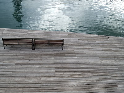 brown, wooden, bench, front, body, water, daytime