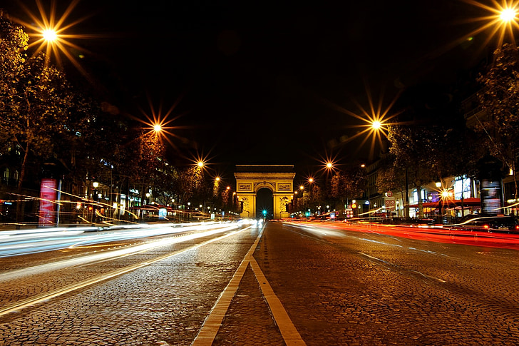 Paris, arc de triomphe, monument, nat skudt, et sted af interesse, nat, trafik