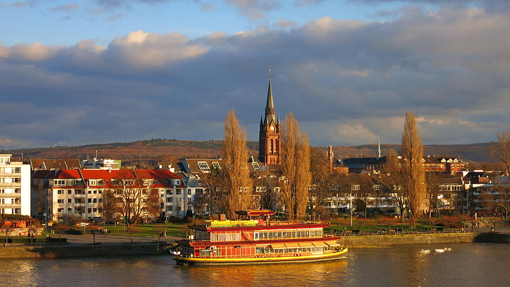 Бон, река Рейн, кораб, Рейн, река, архитектура, панорама