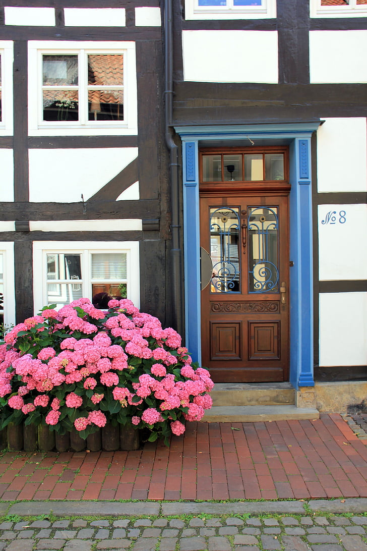 gebouw, Home, Truss, deur, bloemen, idylle, venster