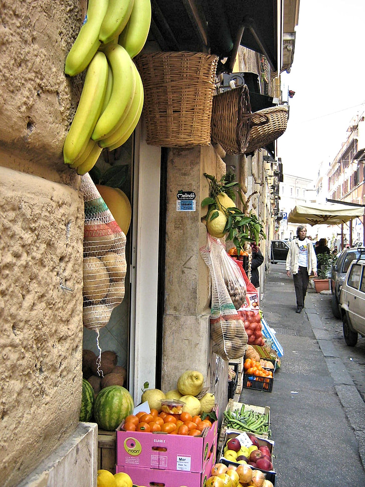 Roman tänav, kauplus, puu, köögiviljad, Rooma, Itaalia