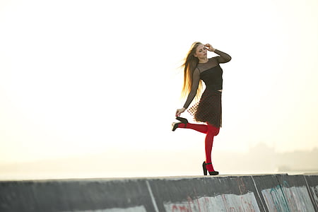 red, socks, model, portrait, dress, hair, photography