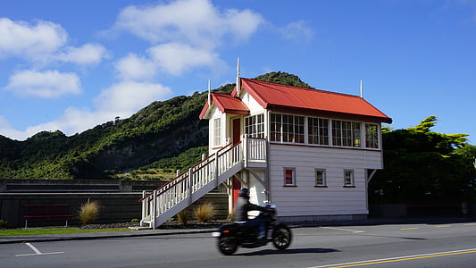 Kota greymouth, Selandia Baru, westcoast, Pulau Selatan, kotak sinyal, kereta api, Street