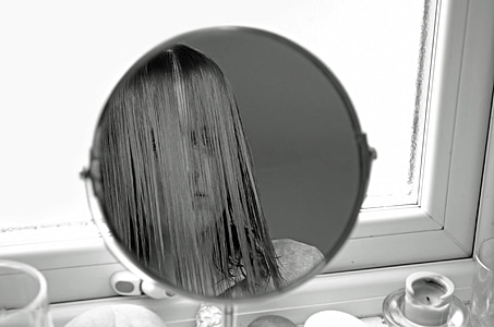 kvinna, Titta, personer, spegel, missnöje, svart, vit