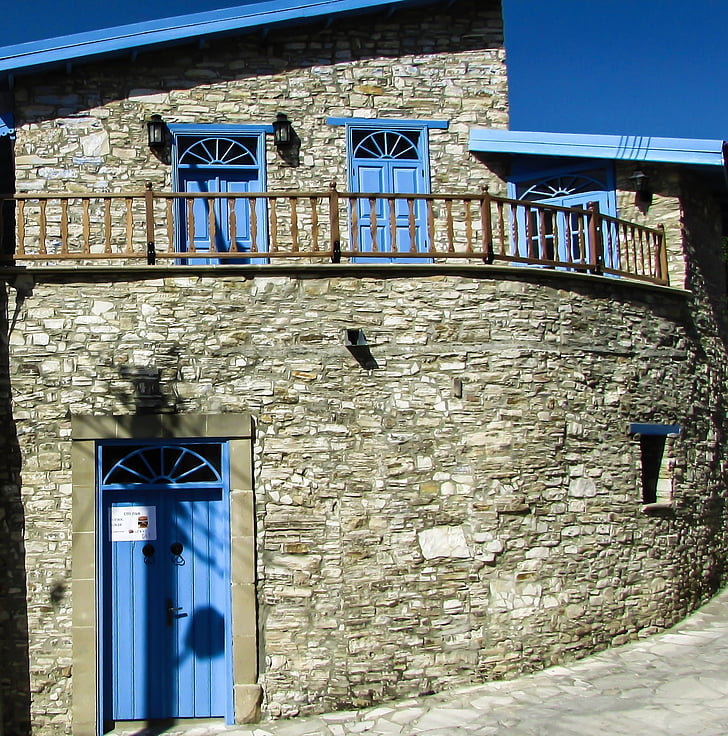 hus, sten, arkitektur, traditionella, blå, byn, Cypern