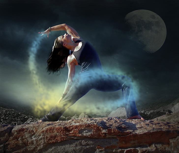 yoga, dancer, woman, night, mystic, scene, moon light