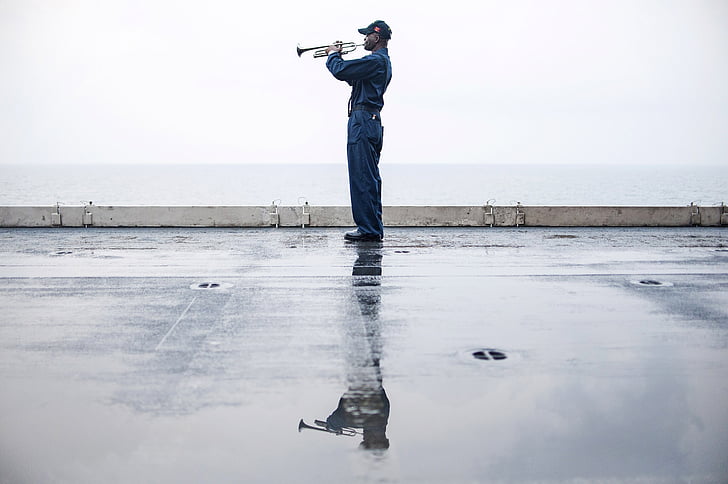 trompettiste, Sailor, silhouette, trompette, Corne, en laiton, militaire