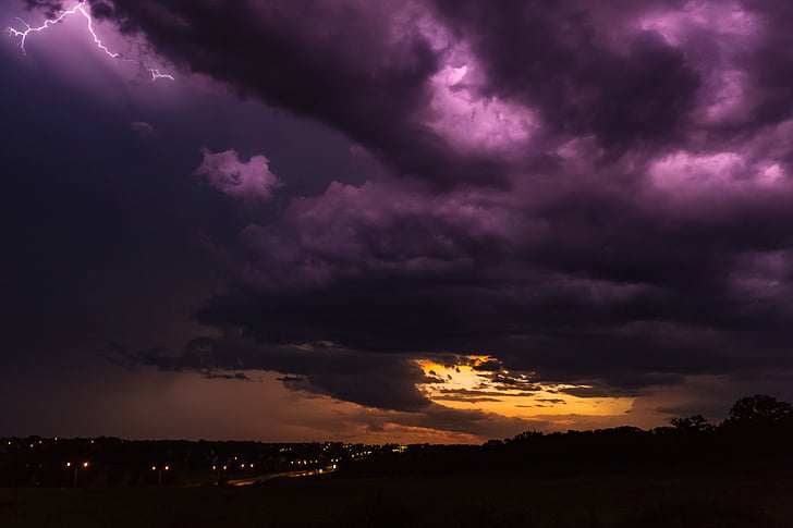 purple, orange, clouds, night, time, storm, lightning