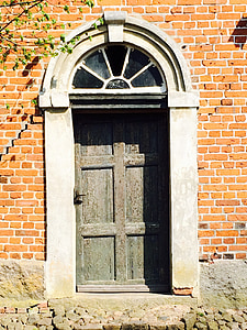 ajtó, tégla, félkör alakú ablak, kő, faajtó, kopott
