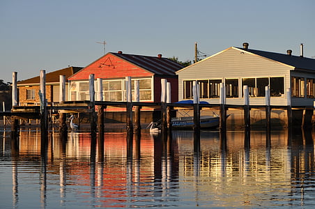 pier, harbor, sheds, boats, dock, reflection, calm