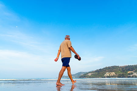Plaża, Senior, człowiek, mężczyzna, spacery, na emeryturze, morze