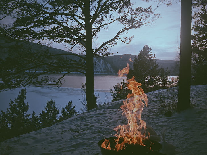lit, firepit, lake, trees, background, fire, fire lake