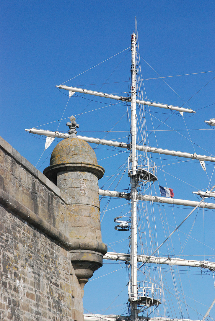 Saint-Malo, Rampart, boot mast, blauwe hemel