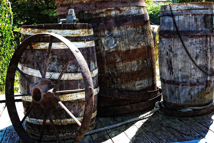 old, heritage, wooden, barrel, metal, tire, ancient