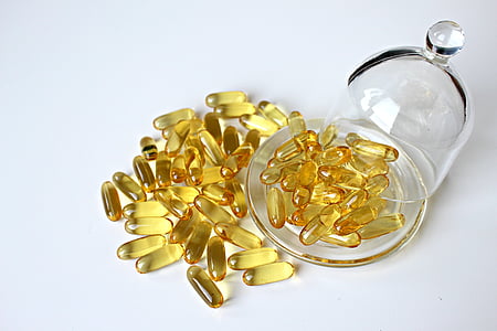 fish oil, capsule, yellow, oil capsule, glass, glass container, drug