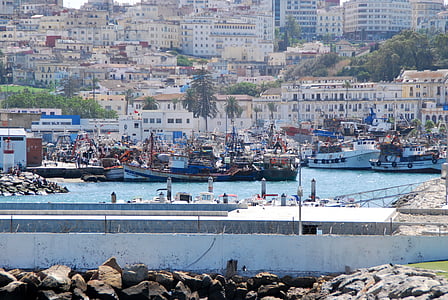 Tanger, Maroko, statki, łodzie rybackie, panoramy, Miasto, morze