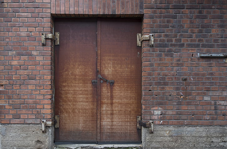brick, door, rust, factory, industrial, wall