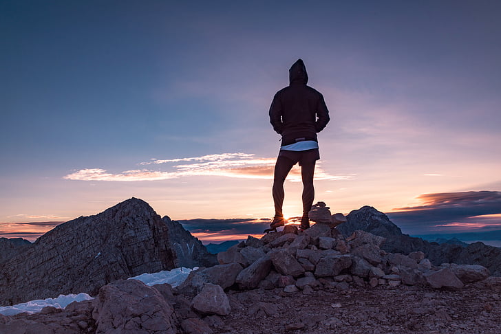 person, hoodie, standing, rocks, sunrise, people, hiking