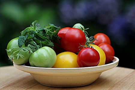 still life, vegetables, tomatoes, green, yellow, red, ceramic bowl