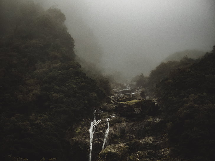 waterfalls, rocks, hill, mountain, highland, foggy, landscape