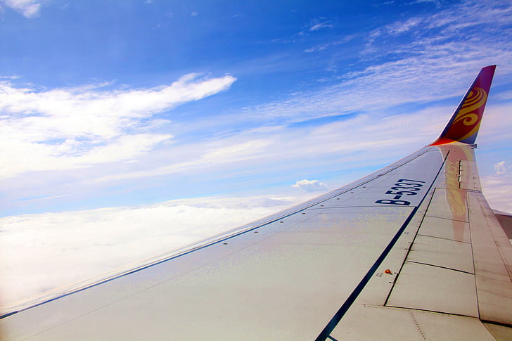aircraft, wing, blue sky
