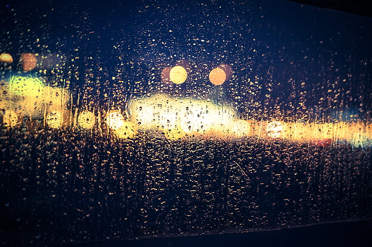 bokeh, rain, glass, window, blur, focus, golden