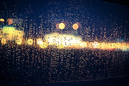 bokeh, déšť, sklo, okno, rozostření, zaměření, zlatý