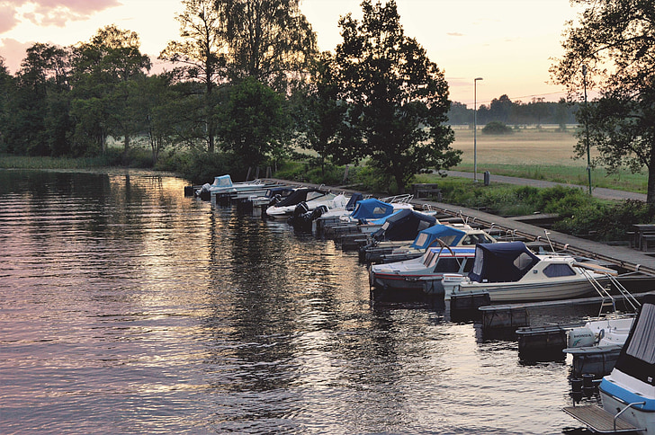 boat, boats, å, water, lake, evening, sunset