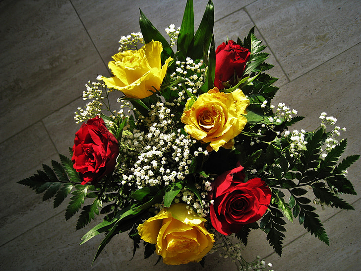 ramo de rosas, rosas rojas y amarillas, amaba a flores, Rosas, ramo de la, símbolo de amor, día de San Valentín