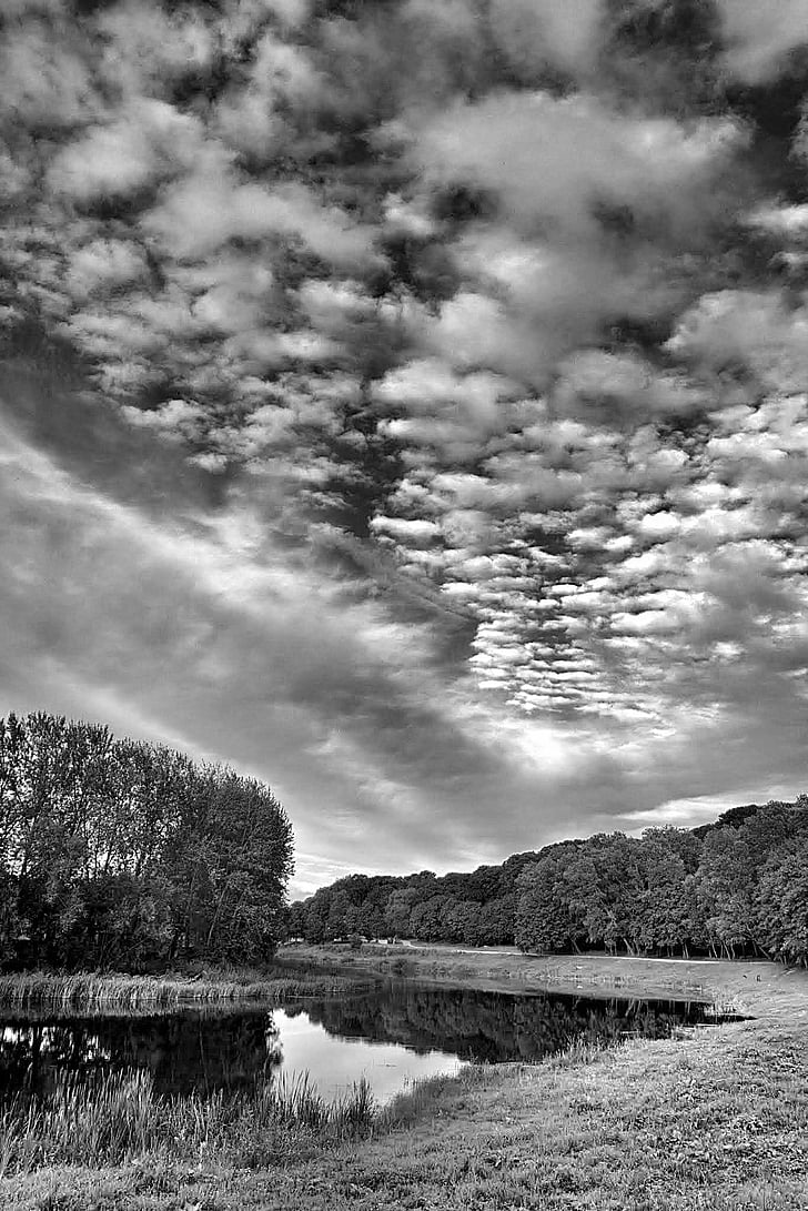 river, sky, landscape, view, b w, reflections, water
