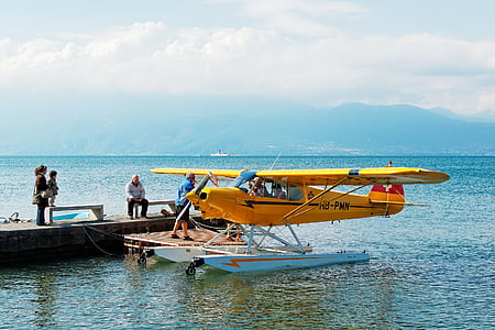 watervliegtuig, Genève, Lake, Zwitserland, Bergen, wolken, schip