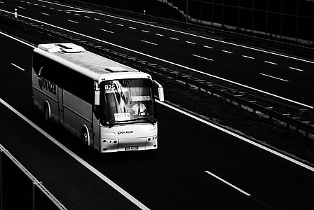autobús, Boga futura, Boga, futura, l'autopista, blanc i negre, transport